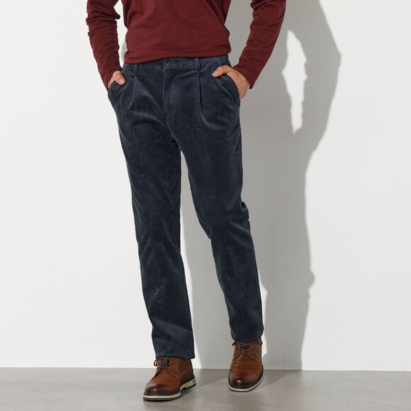 Pantalon ville velours côtelé à pinces, élastiqué côtés (marine) Pantalon ville velours côtelé à pinces, élastiqué côtés (marine)